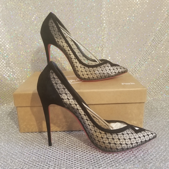 Louboutin Black Lace and Suede Neoalto 100mm Dentelle Resille Complete Set - Picture 2 of 14